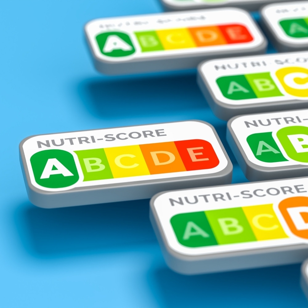 zu sehen sind mehrere nutri scores auf einem hellblauen untergrund