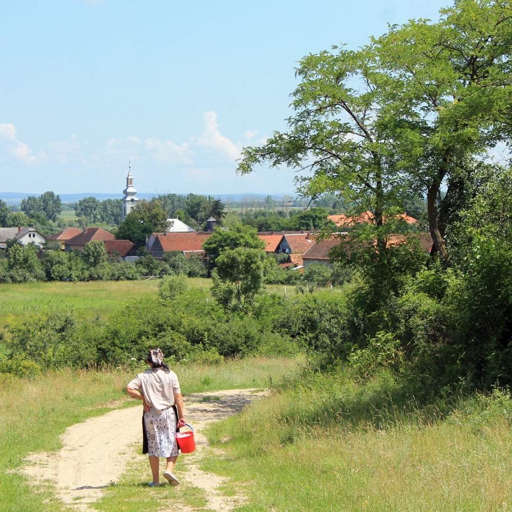 eine frau läuft auf ein dort zu in der hand hält sie einen eimer zur studie des bfel zum leben im ländlichen raum