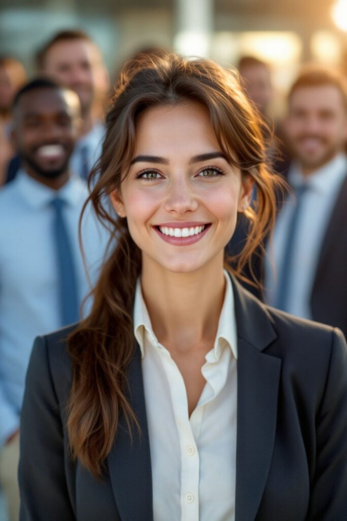bild von einer frau im vordergrund - sie schaut freundlich und trägt einen blazer und eine bluse, im hintergrund sind noch weitere mitglieder des teams der info gmbh zu sehen